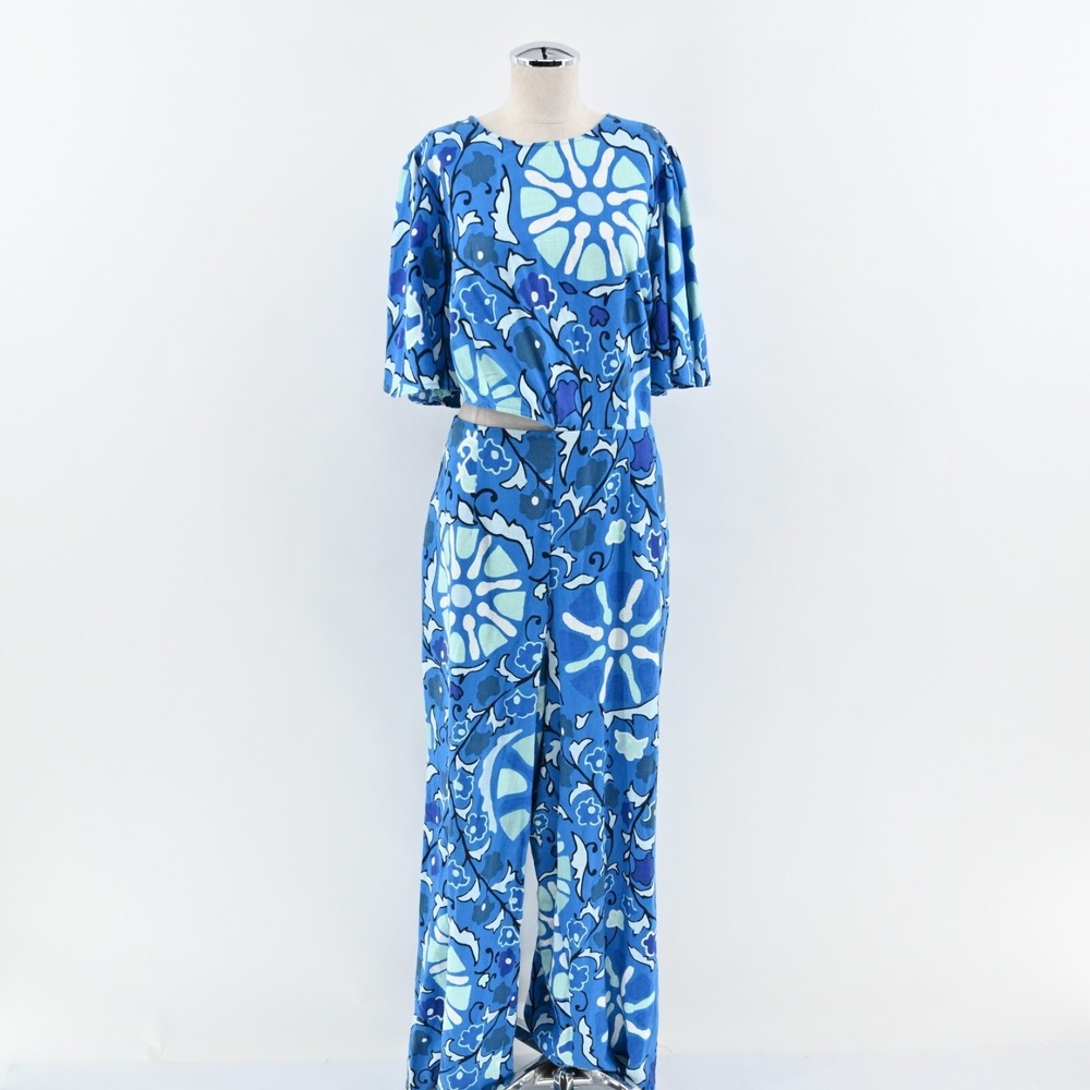 RHODE Womens Zinnia Jumpsuit Size XXL Blue Print Bell Sleeve Cut Out Target